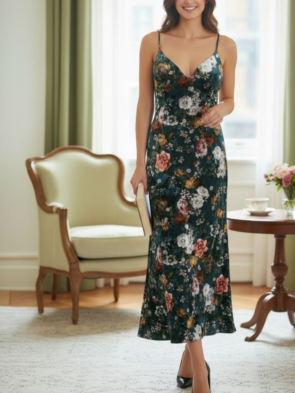 Women's Dresses Evening Designer Jovani Velvet Floral Crystal Detail Dress 12.R